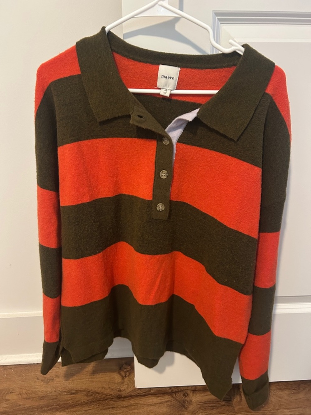 Maeve Olive and Red Striped Polo Sweater (not orange-just lighting)
